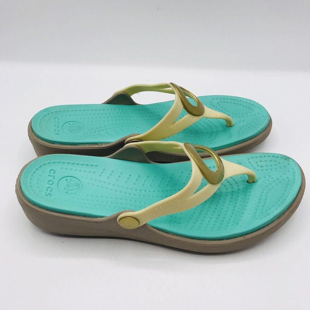 Crocs Women’s Sanrah Cream Mint Green Wedge Flip Flop Sandals Festival, Size 6 - Picture 5 of 6
